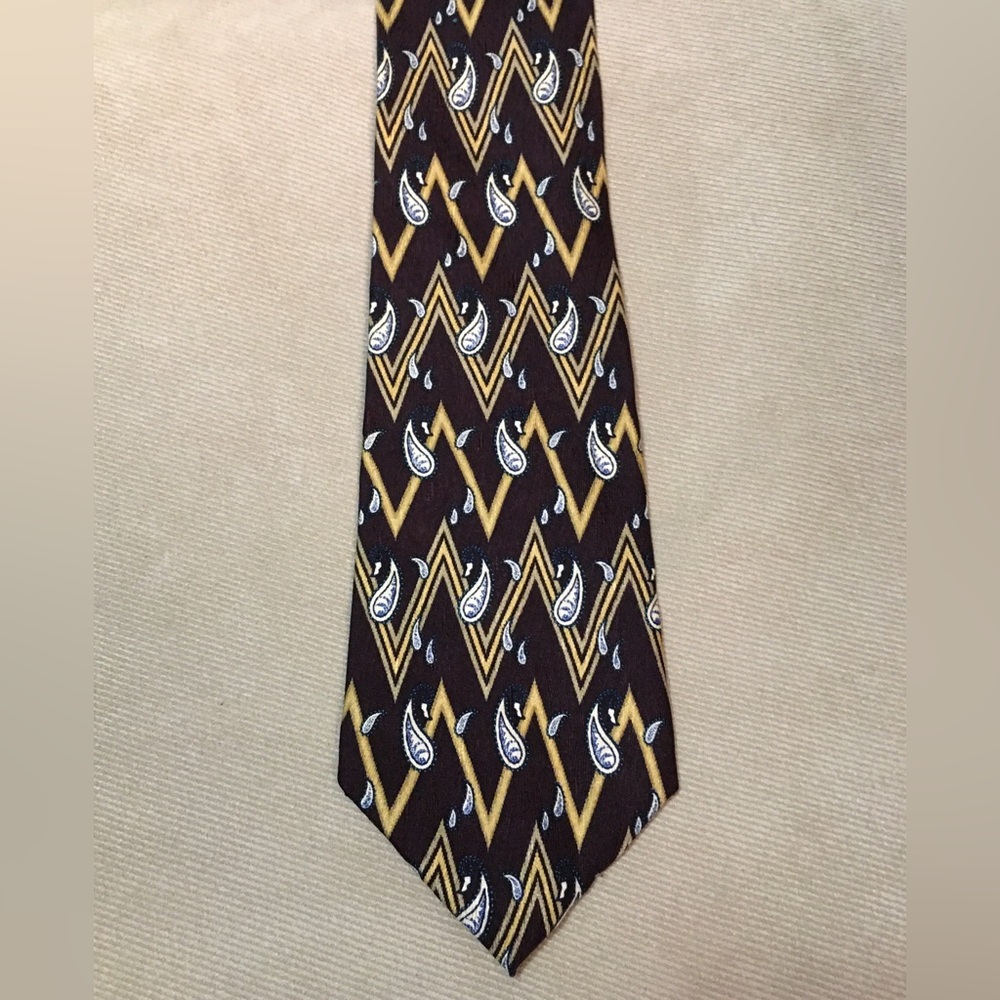 Vtg PARK LANE Paisley CHARLIE BROWN Style ZigZag Design Brown Gold Silk Neck Tie